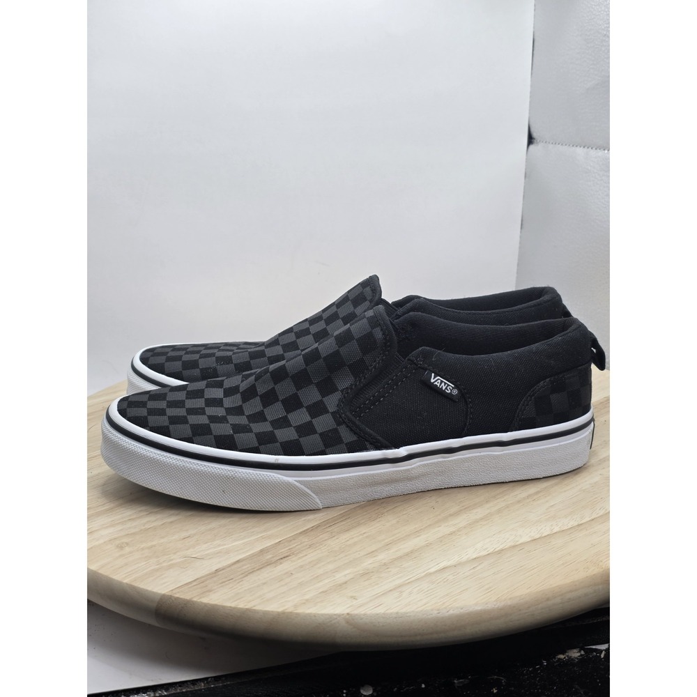 Youth Size 6 / Womens size 7 - Vans Asher Checkerboard Black Canvas Slip On